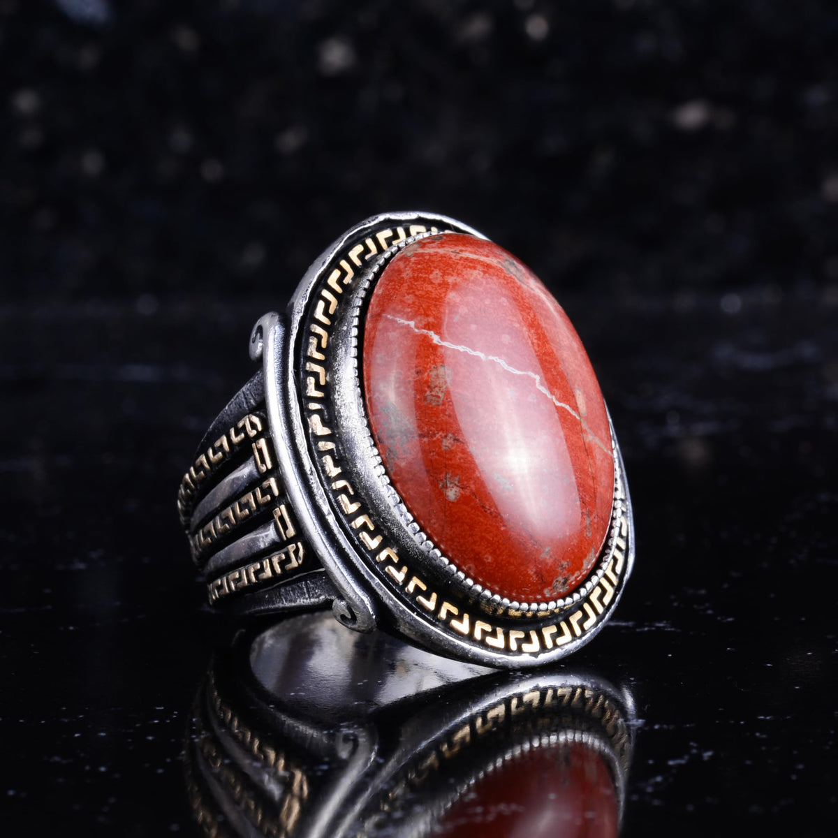 KAMBO Men's Genuine Natural Stone Ring – 925 Sterling Silver Large Statement Ring – Handmade Vintage Design – Dark Silver Ring (Red Jasper) — 6