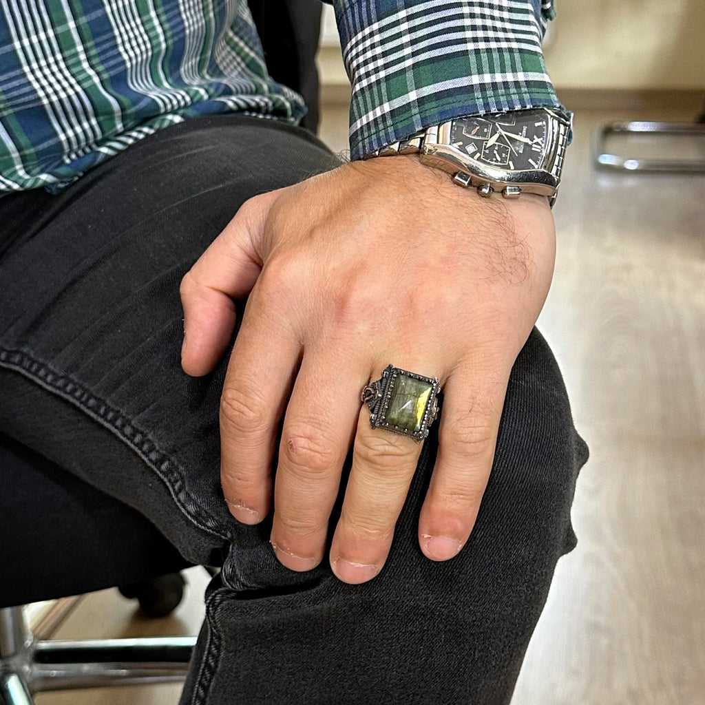 Kambo Natural Gemstone Ring - 925 Sterling Solid Silver Men's Ring with Labradorite — 3