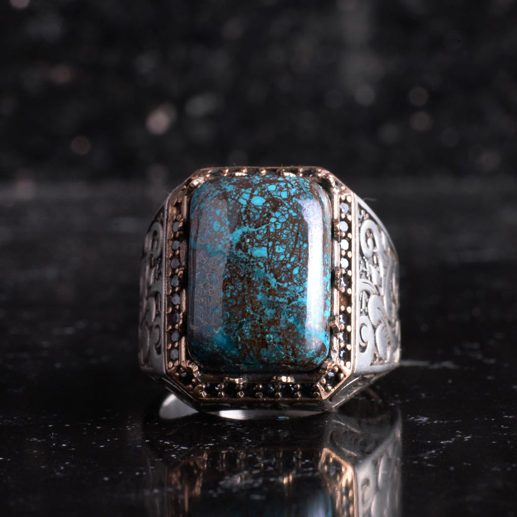 KAMBO Natural Stone Ring for Men 925 Sterling Silver - Rectangular Statement Ring Handmade Jewelry (Azurite) — 4