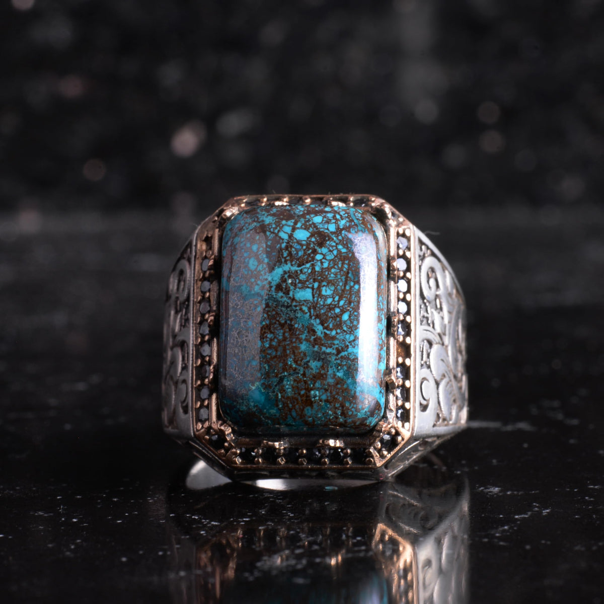 KAMBO Natural Stone Ring for Men 925 Sterling Silver - Rectangular Statement Ring Handmade Jewelry (Azurite) — 4