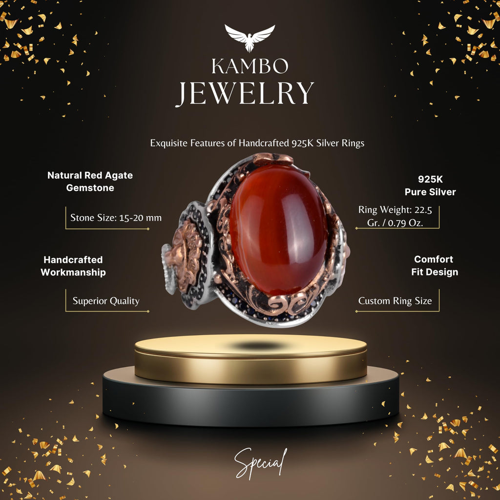 Natural Red Agate Stone Ring - 925 Sterling Silver Men's Ring — 2