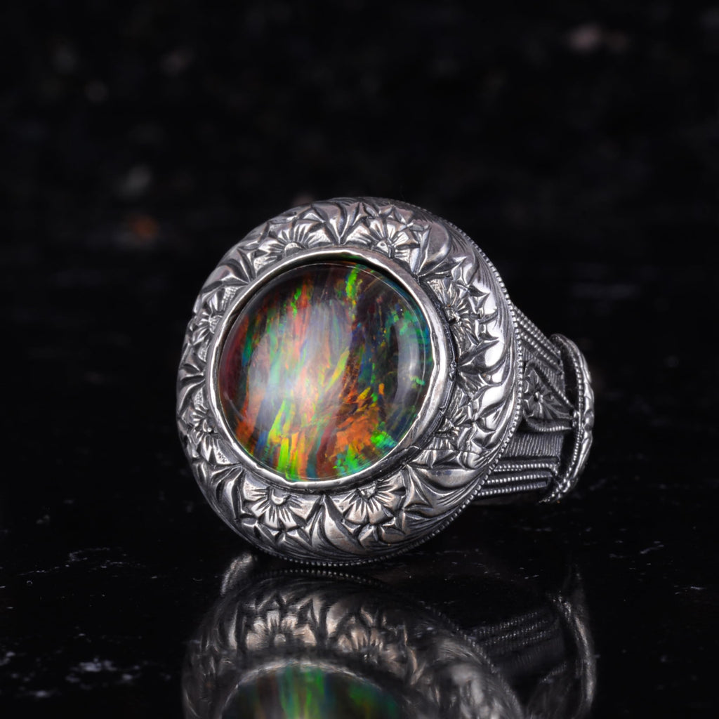 KAMBO Certified Design Opal Men's Ring – Multicolored Fire Opal 925 Sterling Silver Statement Ring – Handmade Bold Design — 5