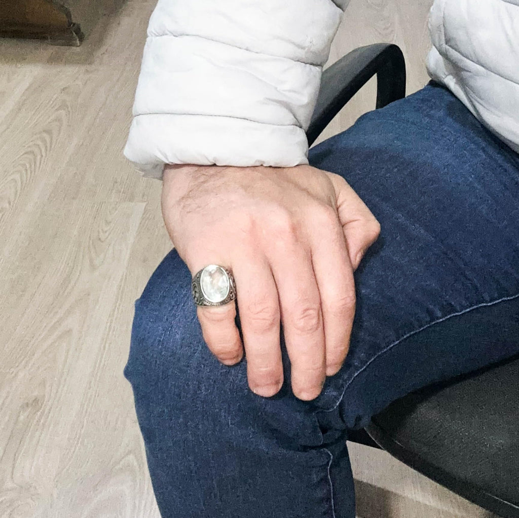 Handmade Green Amethyst Stone Ring - Spiritual 925 Sterling Silver Men's Ring - Intuition and Protection Design — 3
