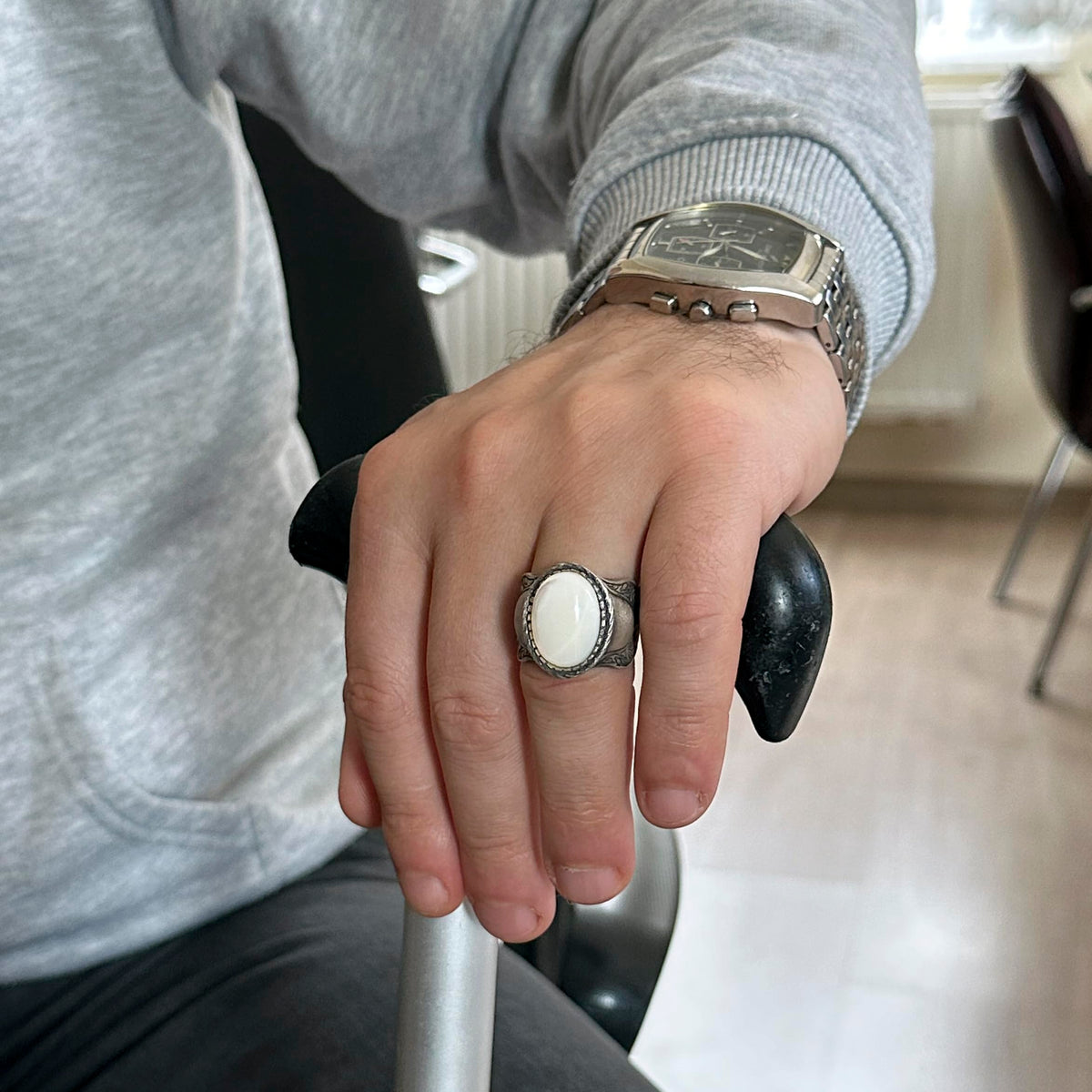 Natural Mother of Pearl Stone Ring, 925 Sterling Silver Men's Ring — 3