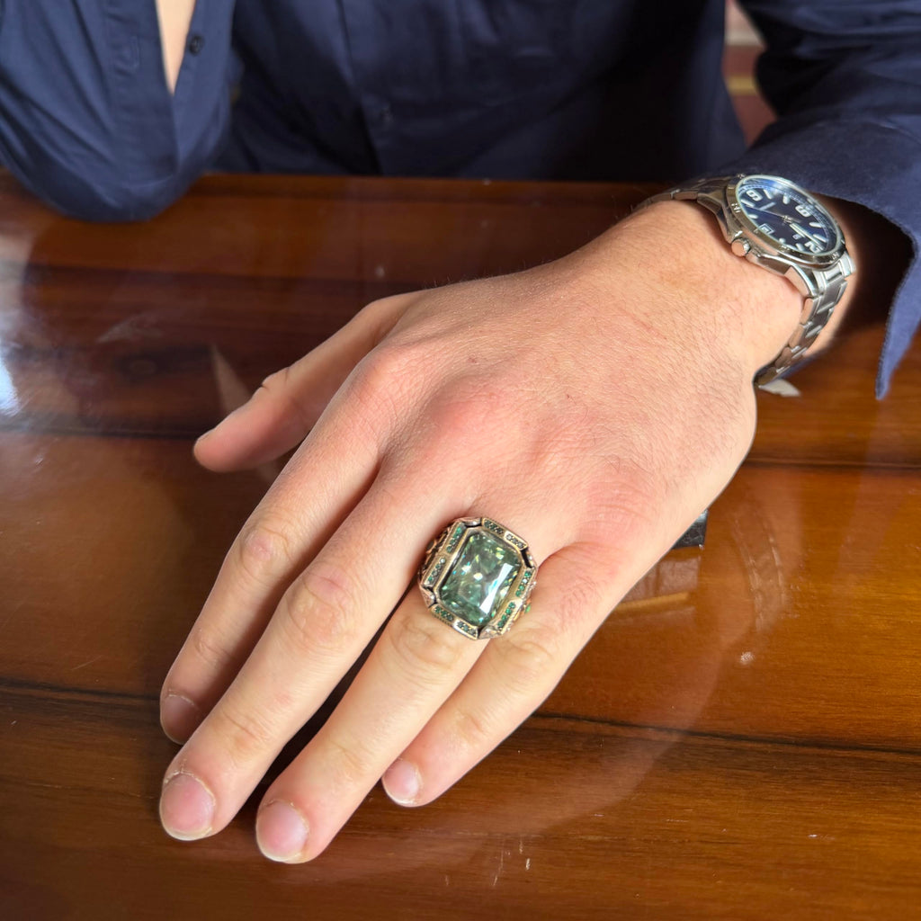 KAMBO Natural Moissanite Stone Men's Ring 925 Sterling Silver Bronze Frame Green Stone Details Handmade Statement Ring — 3