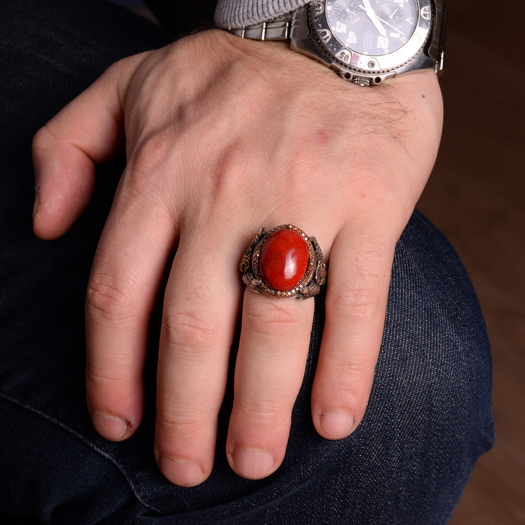 Natural Coral Stone Ring - Handmade 925 Sterling Silver Ring — 6