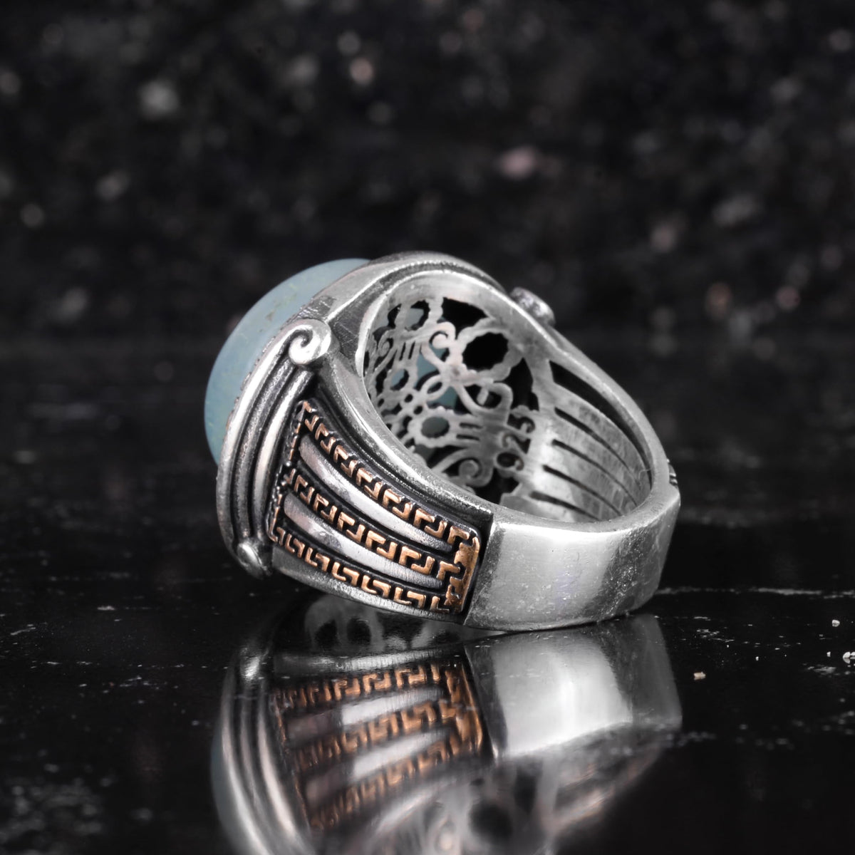 KAMBO Stone Round Men's Ring 925 Sterling Silver – Cabochon Handmade Vintage Greek Pattern Statement Ring (Aquamarine) — 7
