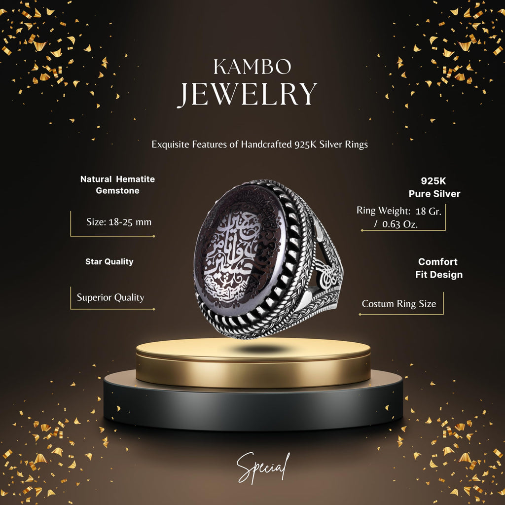 KAMBO Natural Hematite Stone Ring – 925 Sterling Silver Ottoman Tugra Design – Islamic Men's Statement Ring (Ya Ali) — 2