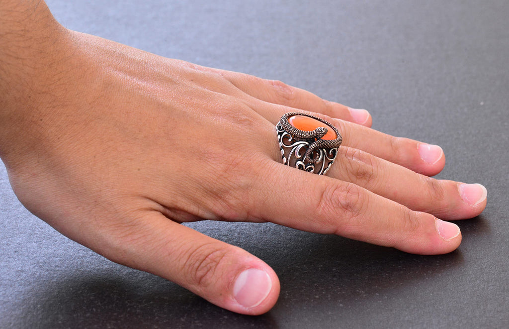 KAMBO Sophisticated Snake Ornamented 925 Sterling Silver Men's Gemstone Ring Collection - Various and Vibrant (Orange Cat's Eye Created Stone) — 6