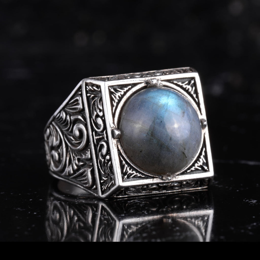 KAMBO Natural Round Stone Square Men's Ring 925 Sterling Silver – Ottoman Pattern Handmade Stone Ring (Labradorite) — 6