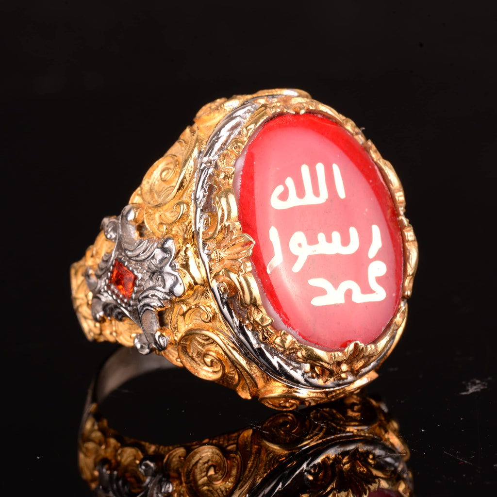 KAMBO Handmade 925 Sterling Silver Men's Ring with Created Red Agate Stone, Islamic Calligraphy Design, Vintage Statemen