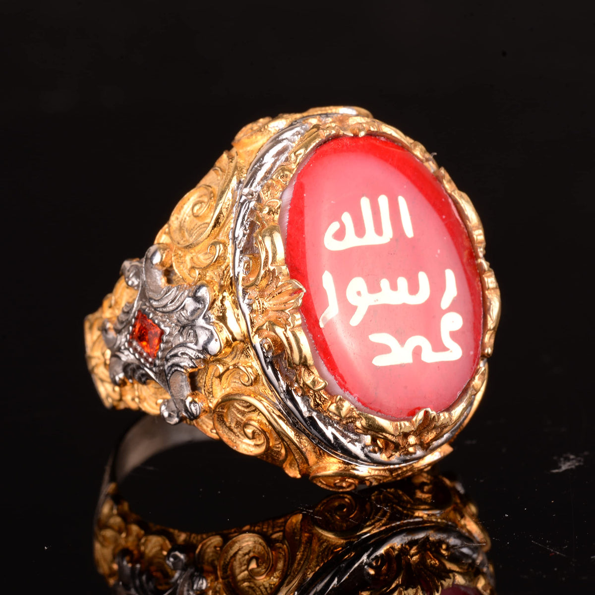 KAMBO Handmade 925 Sterling Silver Men's Ring with Created Red Agate Stone, Islamic Calligraphy Design, Vintage Statemen