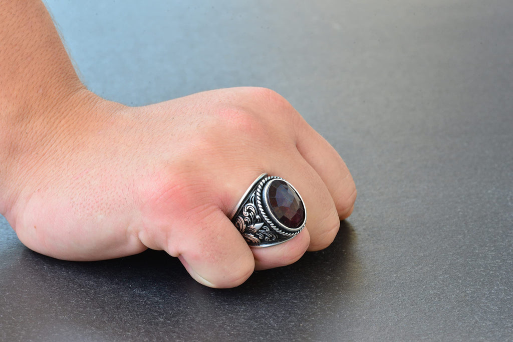 Natural Garnet Stone Ring - Lily Patterned Men's Ring - 925 Sterling Silver Design — 7
