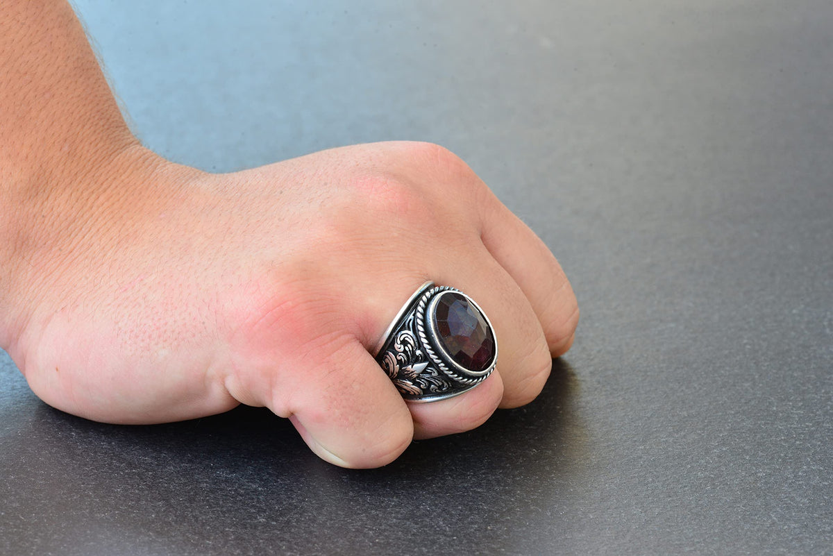 Natural Garnet Stone Ring - Lily Patterned Men's Ring - 925 Sterling Silver Design — 7