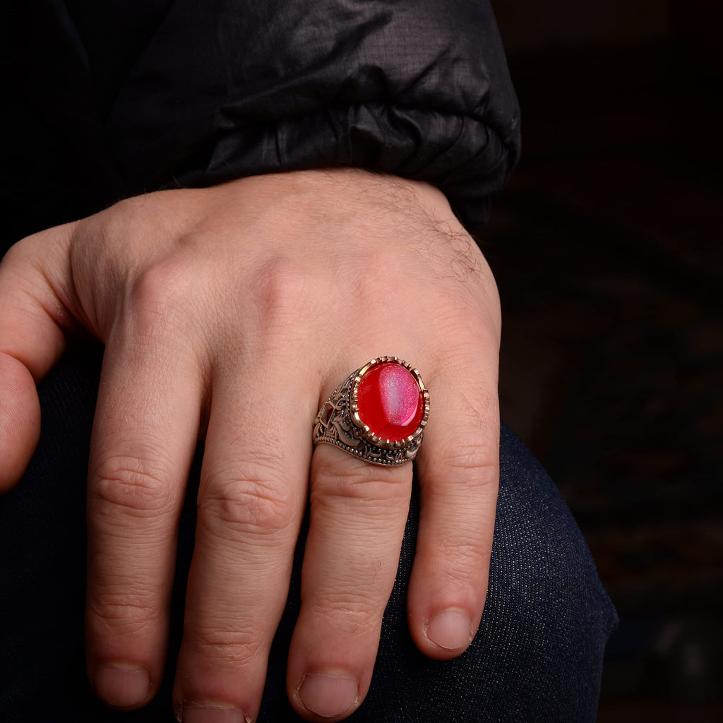 Vintage Men's 925 Sterling Silver Ring Druzy Quartz, Red — 6