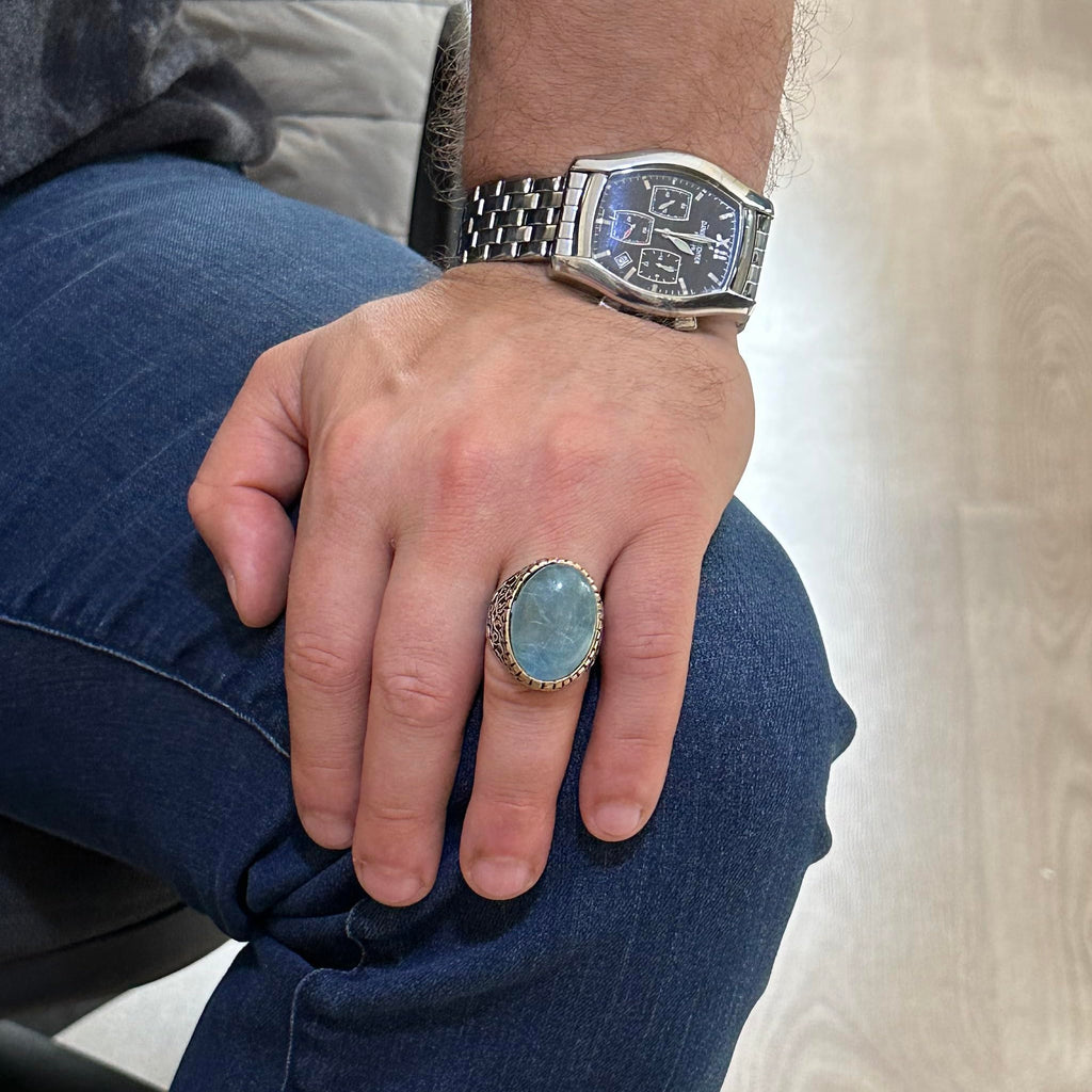Natural Aquamarine Stone Ring, Sultan Ring, Peaceful 925 Sterling Silver Men's Ring — 3