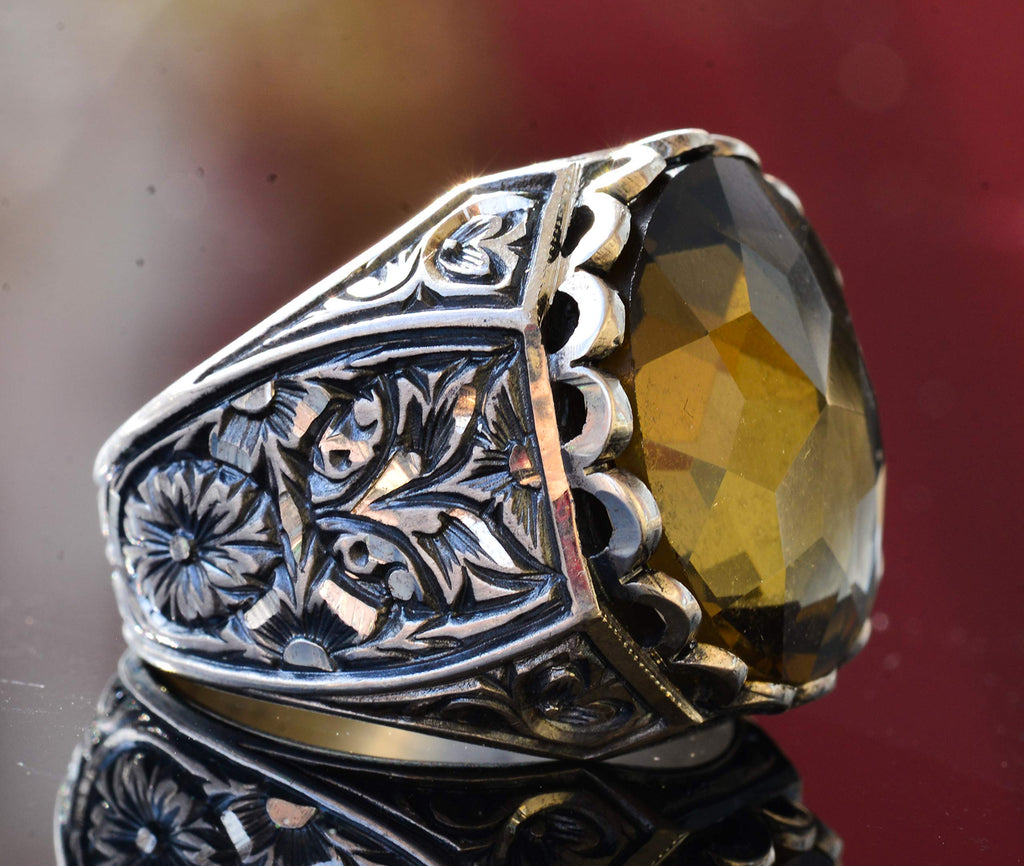 KAMBO Men's Handmade 925 Sterling Silver Ring with Created Round Smoky Topaz Stone, Vintage Byzantium Design, Statement 