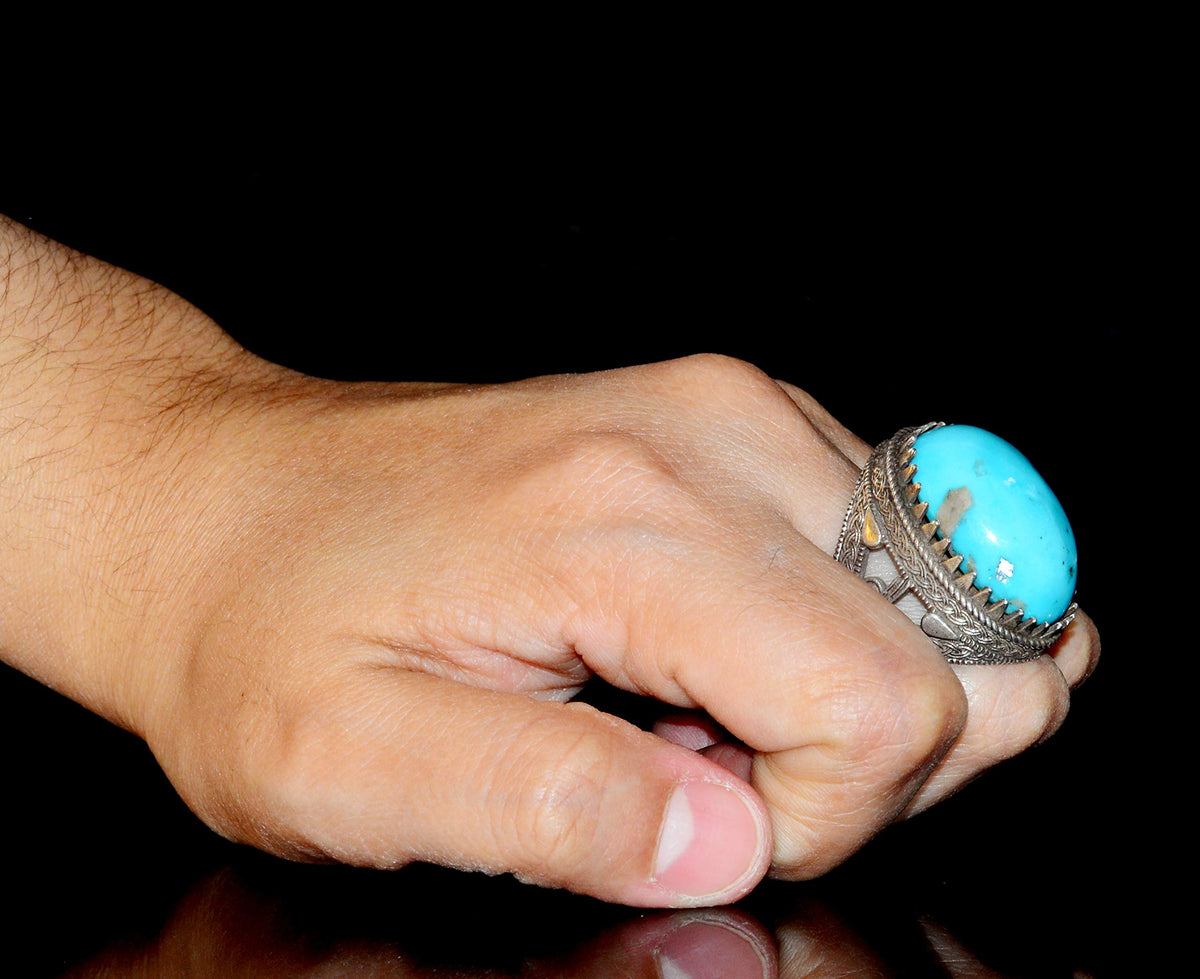 Silver Ring - Natural Turquoise Oval Stone, Ottoman Design — 7