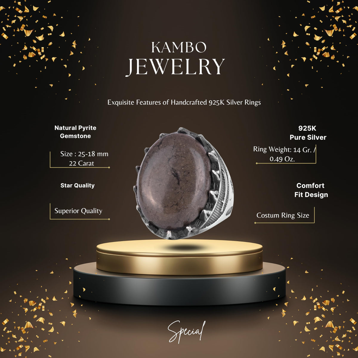 KAMBO Natural Stone Men's Large Ring – 925 Sterling Silver Ottoman Sword Motif Signet Ring (Pyrite) — 2