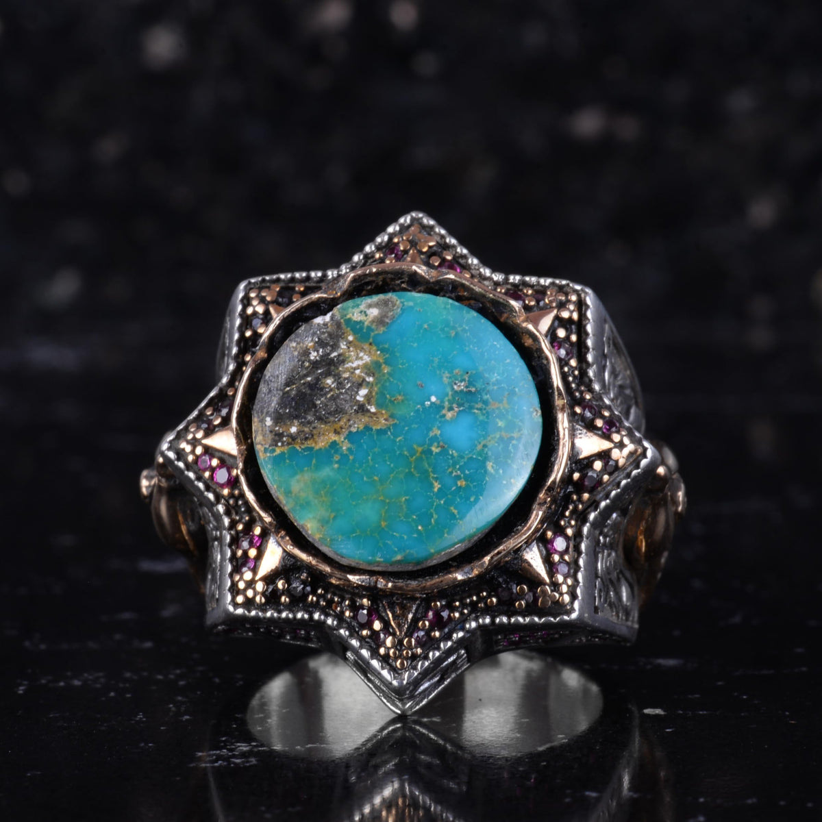 KAMBO Synthetic Turquoise Star Cut Men's Ring - 925 Sterling Silver Handmade, Bronze Detailed Large Ring — 4