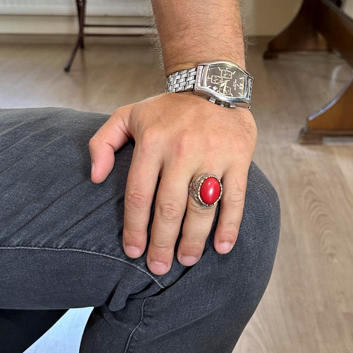 Artificial Stone Ring - Handmade Men's Ring - Stylish 925 Sterling Silver Men's Jewelry (Artificial Coral) — 3