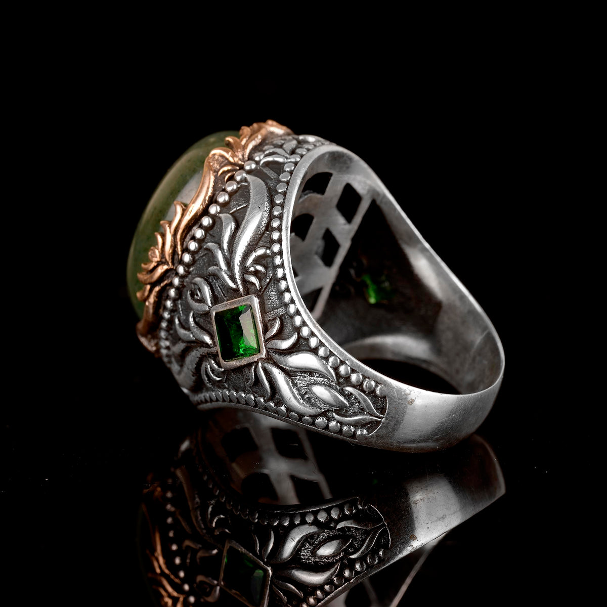 Emerald Natural Cabochon Stone Ring, Handmade Men's Ring, Silver Men's Ring — 4