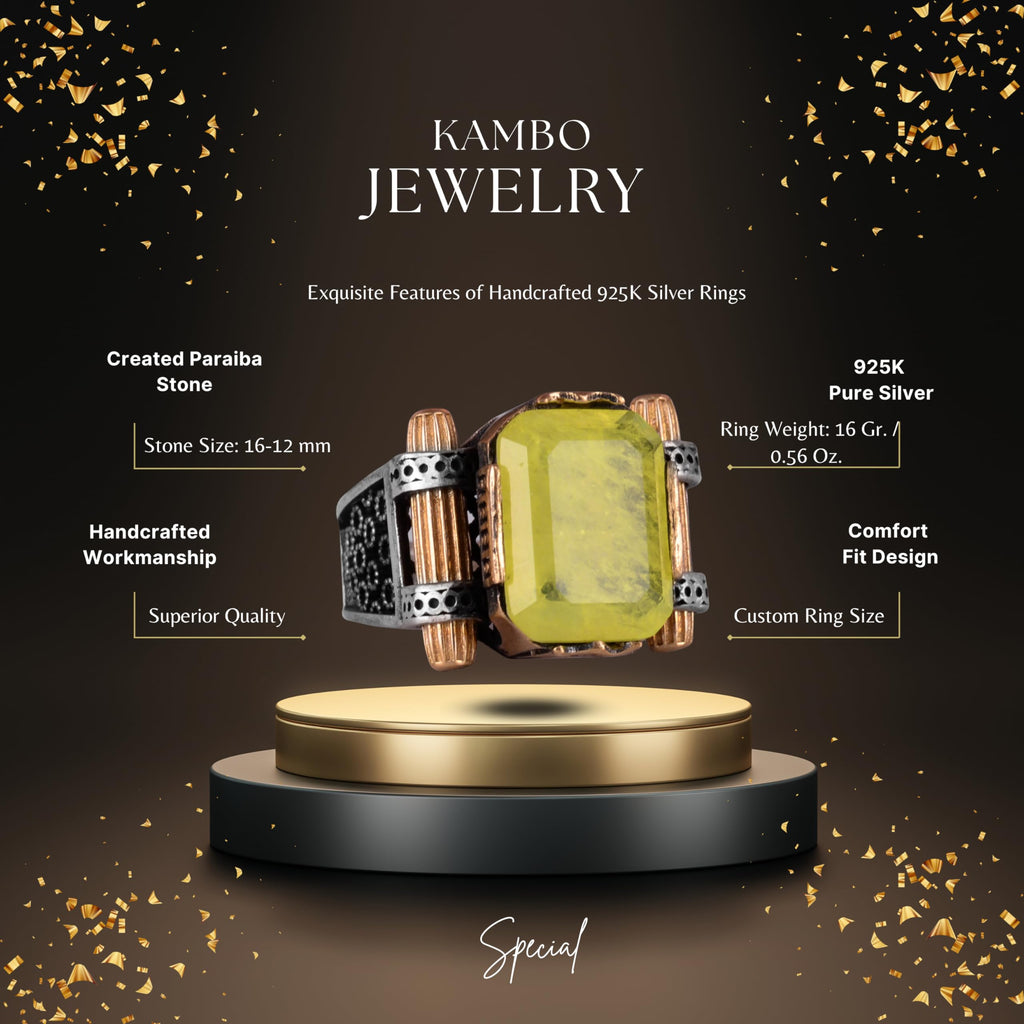 KAMBO Created Yellow Paraiba Stone Ring - Elegant Handmade 925 Sterling Silver Men's Jewelry - Unique Men's Ring — 2