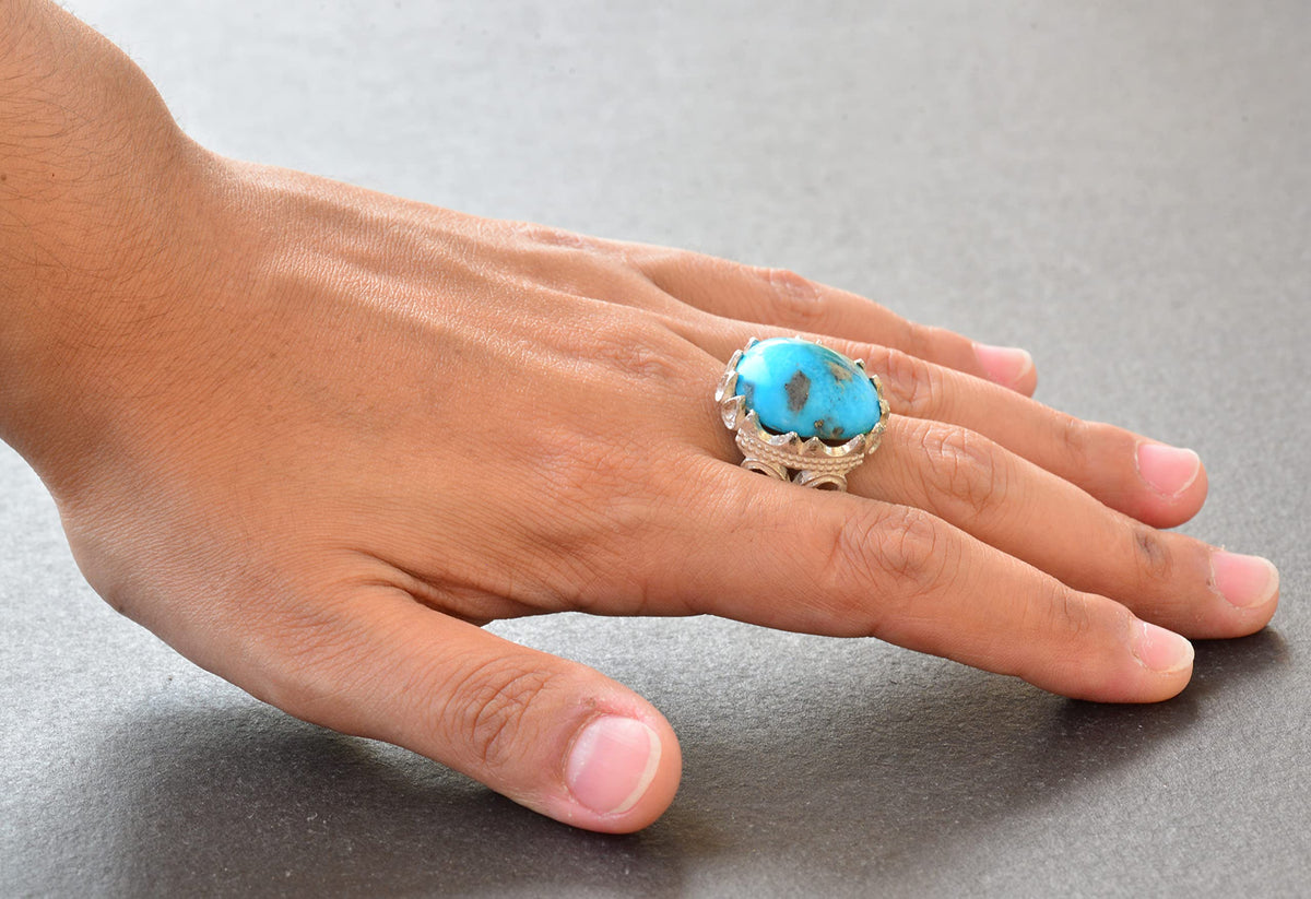 925 Sterling Silver Men's Ring with Natural Arizona Turquoise Stone - Handmade Raw Stone Design — 6
