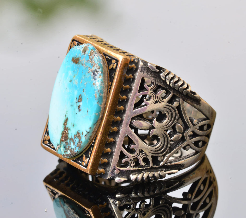 Natural Arizona Turquoise Stone Men's Ring - Silver — 4