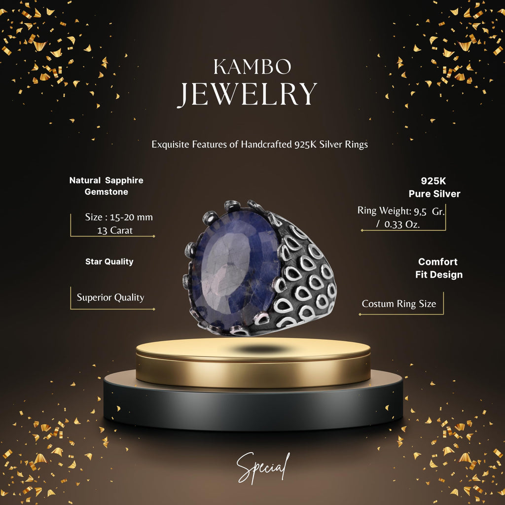 KAMBO 925 Sterling Silver Sapphire Stone Men's Ring – Oval Domed Statement Seal Ring (Sapphire-4) — 2