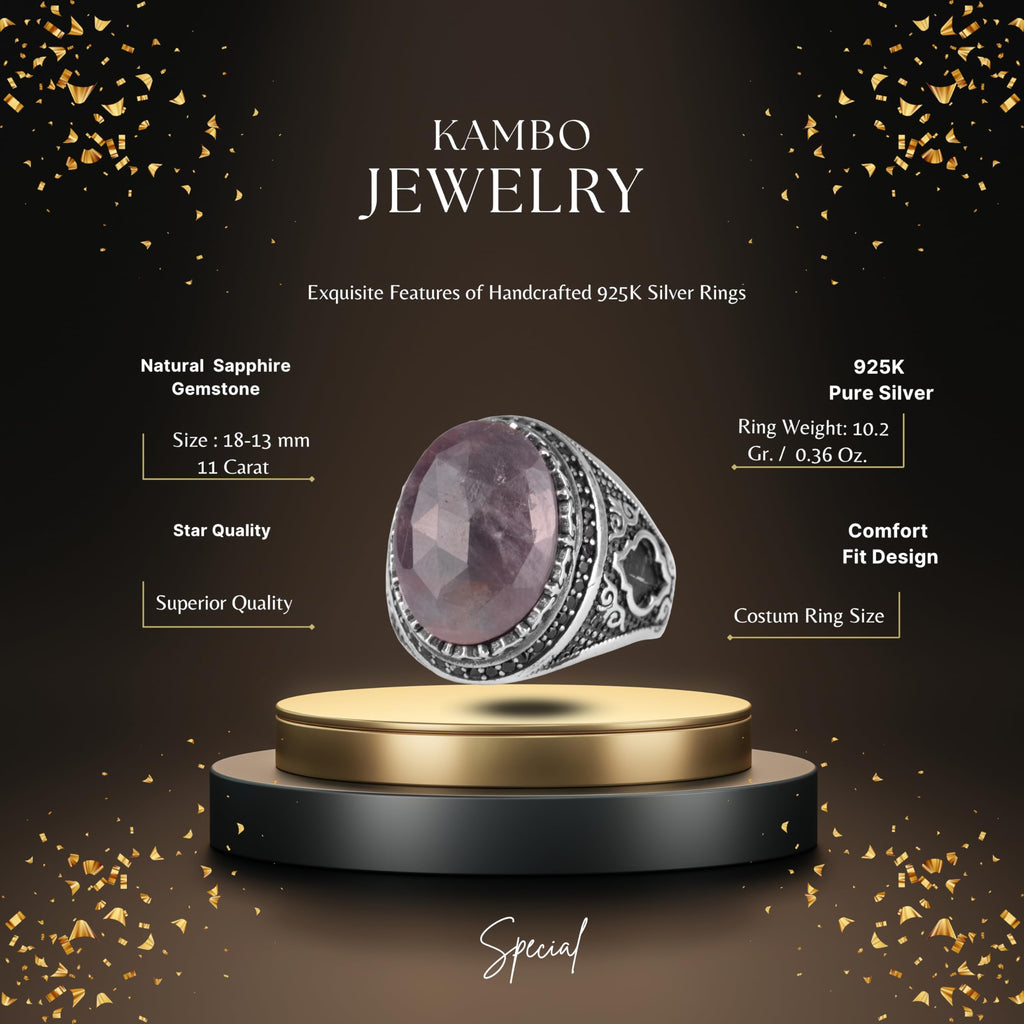 KAMBO Natural Sapphire Men's Ring – 925 Sterling Silver Oval Handmade Stone Statement Ring (Sapphire-3) — 2
