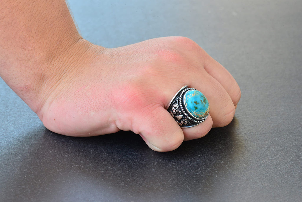 Natural Blue Jasper Stone Large Lily Pattern Silver Men's Ring — 7