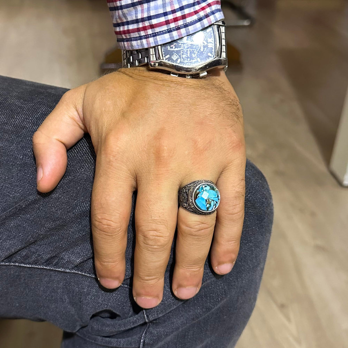 Silver Men's Ring with Natural Turquoise Stone and Detailed Flower Design — 3