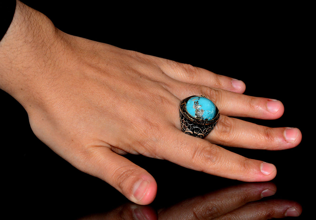 Silver Ring - Gold Highlighted Natural Arizona Turquoise Stone — 6
