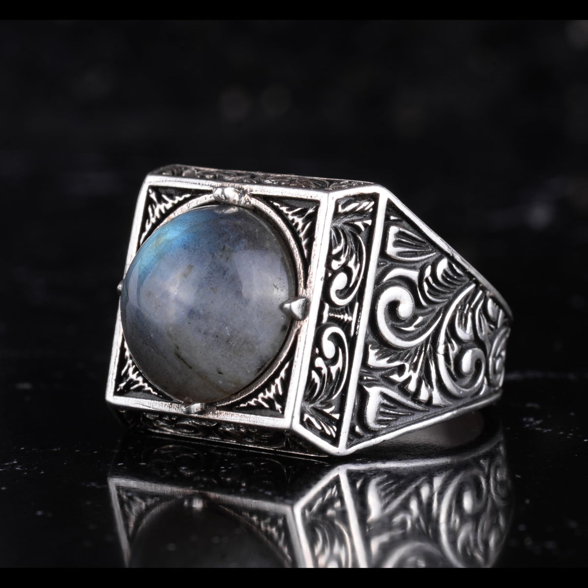 KAMBO Natural Round Stone Square Men's Ring 925 Sterling Silver – Ottoman Pattern Handmade Stone Ring (Labradorite) — 5