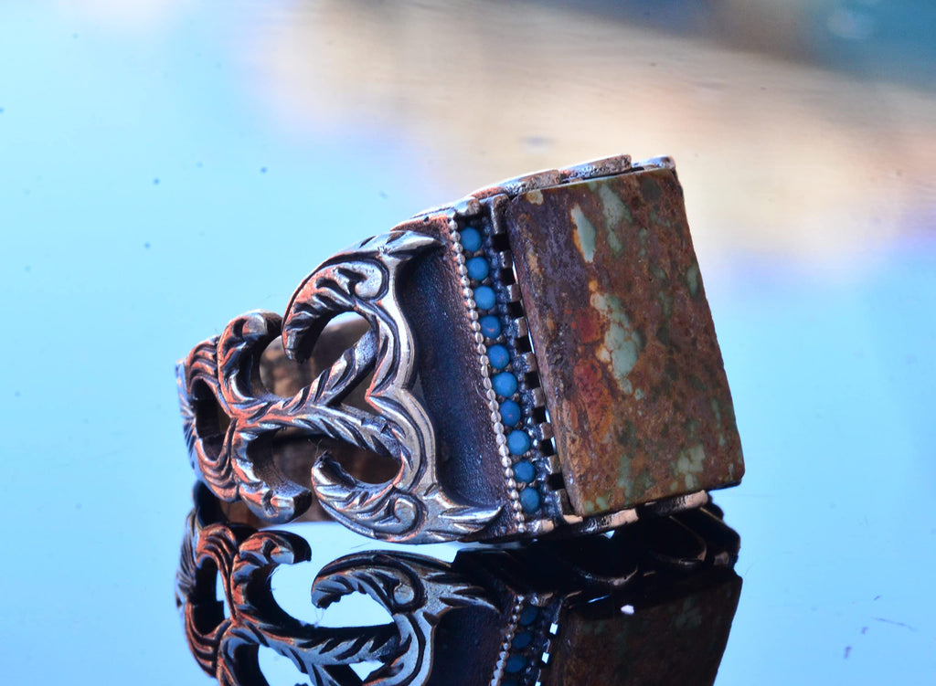 KAMBO Handmade Genuine Natural Arizona Turquoise Sterling Silver Men's Ring - Vintage Style-1 Statement Ring - 925 Sterl