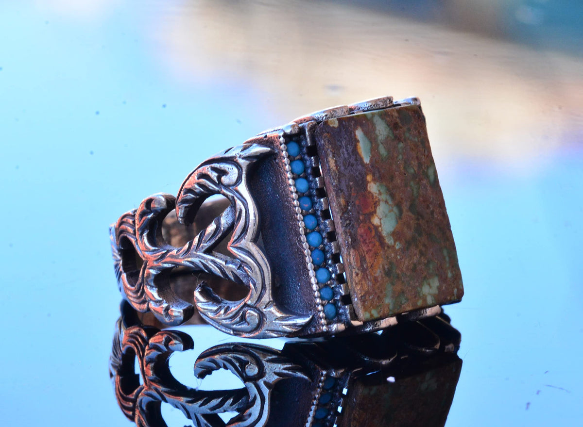 KAMBO Handmade Genuine Natural Arizona Turquoise Sterling Silver Men's Ring - Vintage Style-1 Statement Ring - 925 Sterl