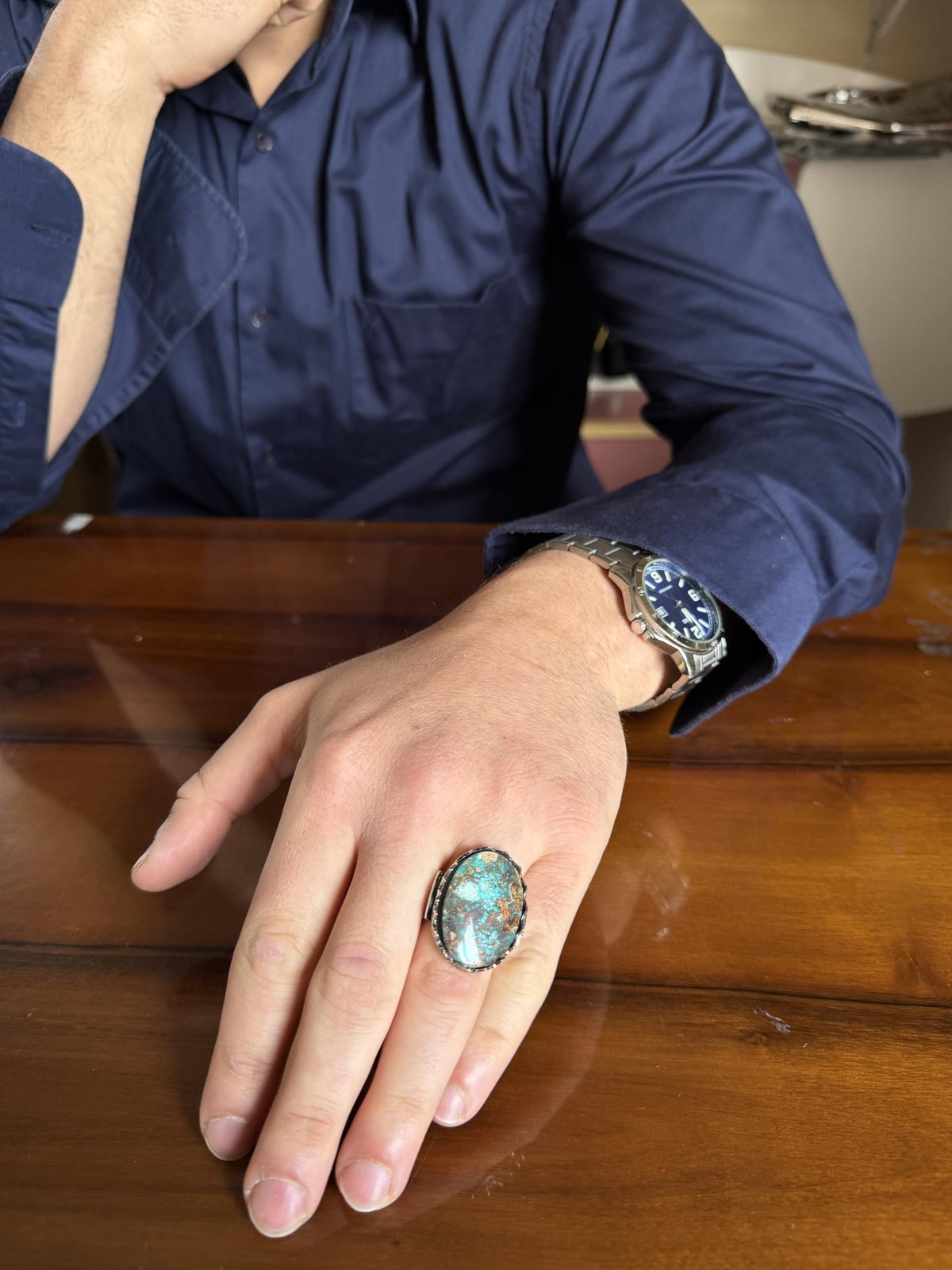 KAMBO Natural Turquoise Large Men's Ring 925 Sterling Silver Oval Statement Ring Raw Stone Vintage Handmade Ring (Turquoise-2) — 3