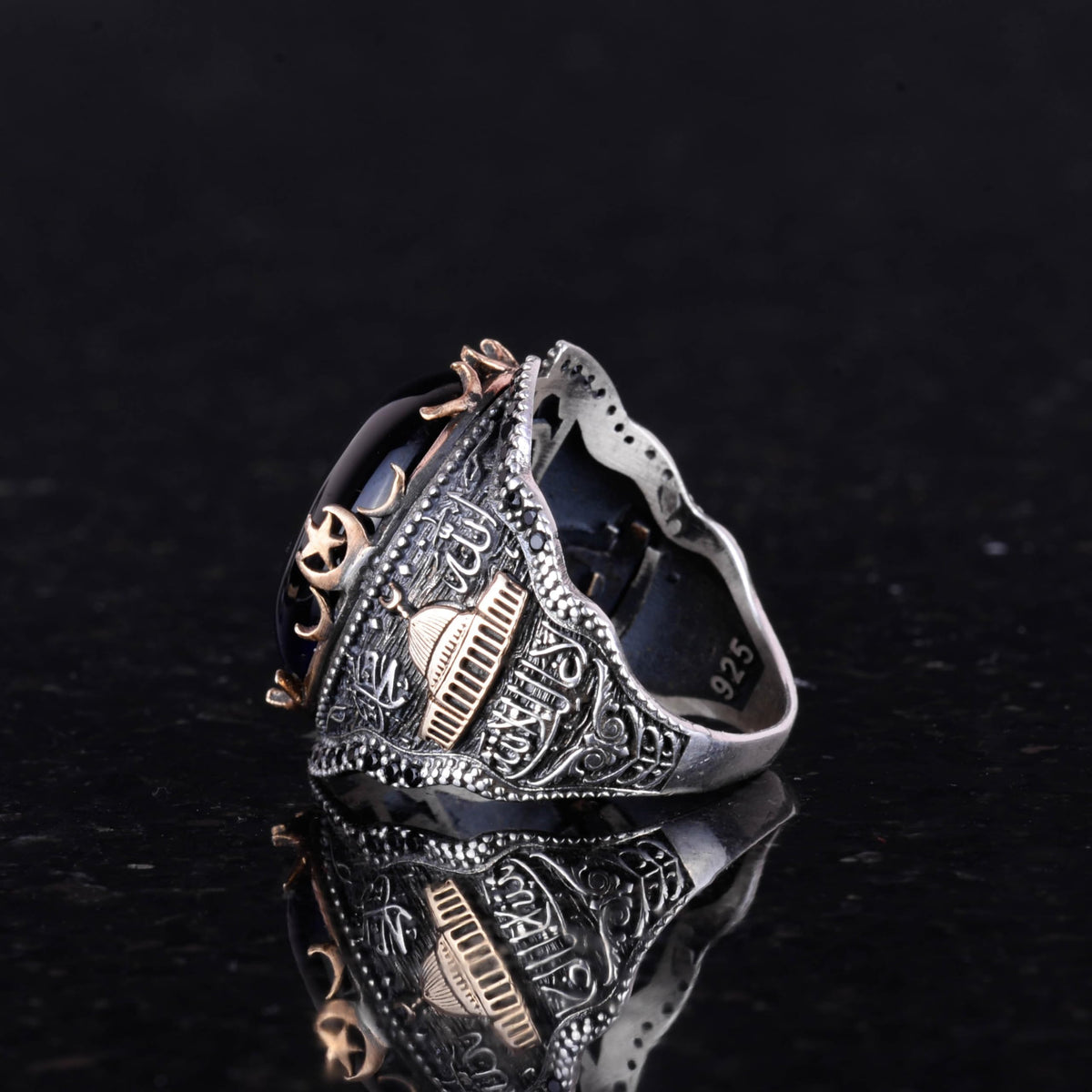 925 Sterling Silver Ring, Dark Blue Cat's Eye Stone Ring — 6