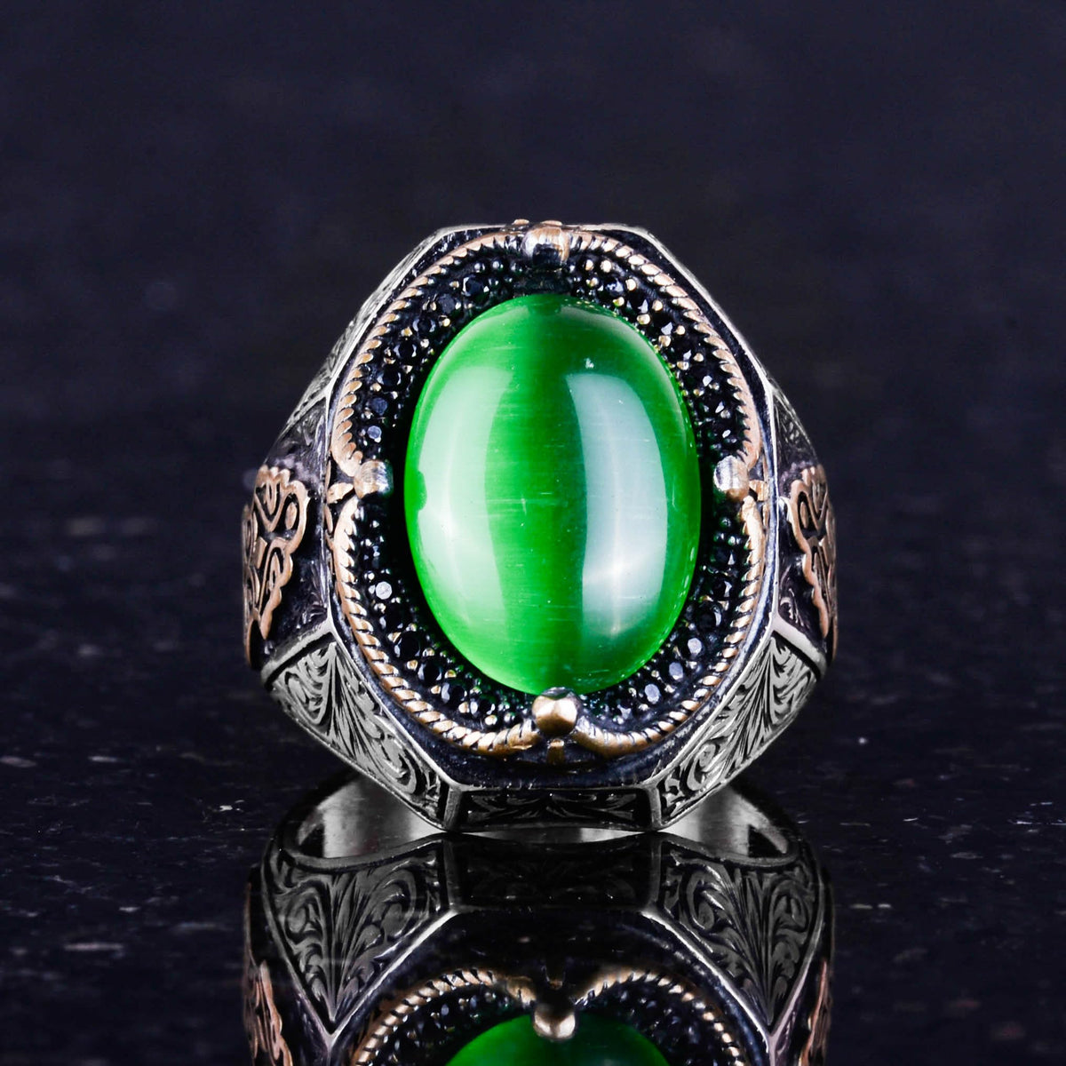 925 Sterling Silver Ring, Green Cat's Eye Stone Ring, Designer Silver Men's Ring — 4