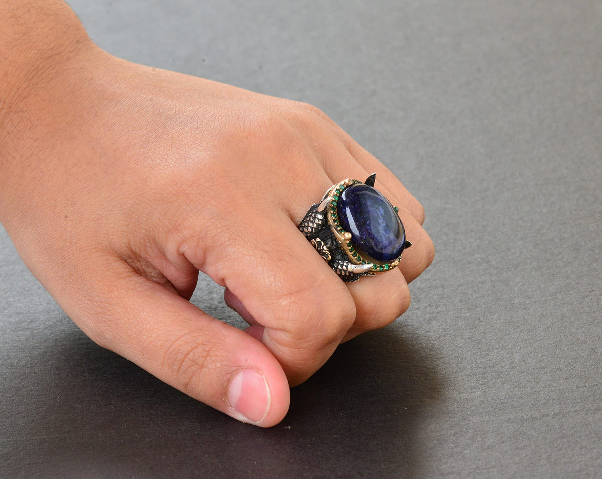 Natural Cabochon Sapphire Stone Men's Ring, 925 Sterling Silver Eagle Claw Design — 7