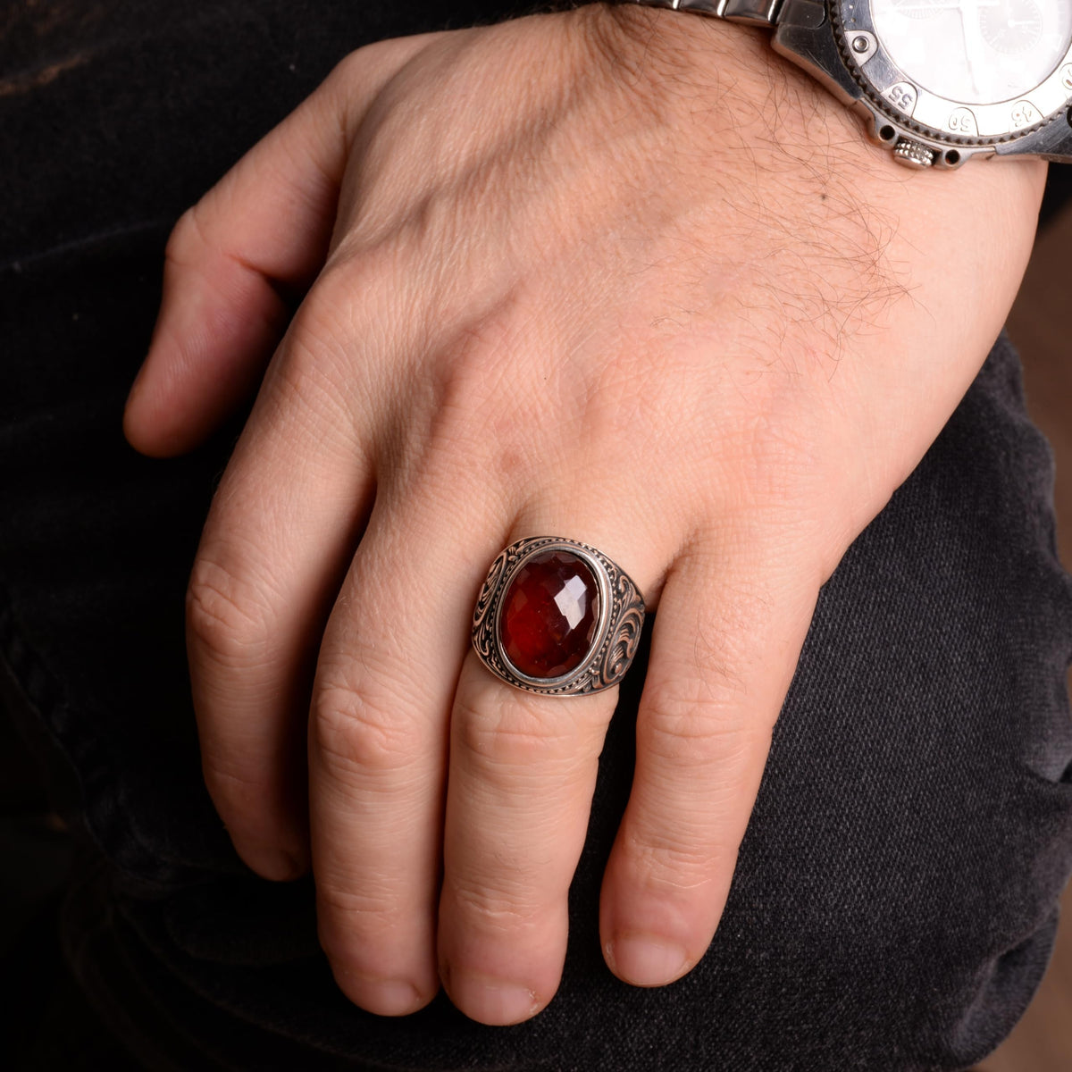 Natural Garnet Stone Ring - 925 Sterling Silver — 3