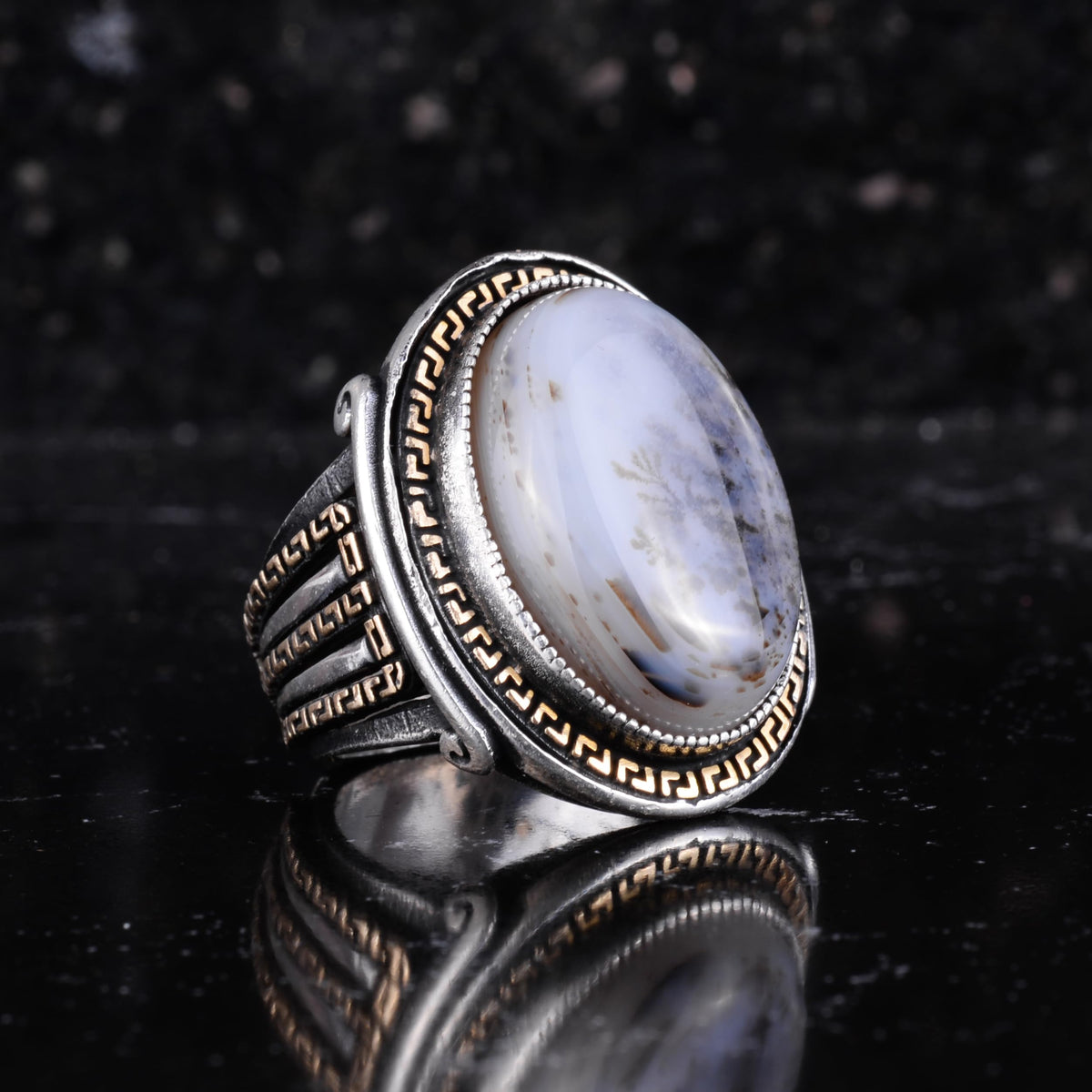 KAMBO Men's Genuine Natural Stone Ring – 925 Sterling Silver Large Statement Ring – Handmade Vintage Design – Dark Silver Ring (Yemen Agate) — 5
