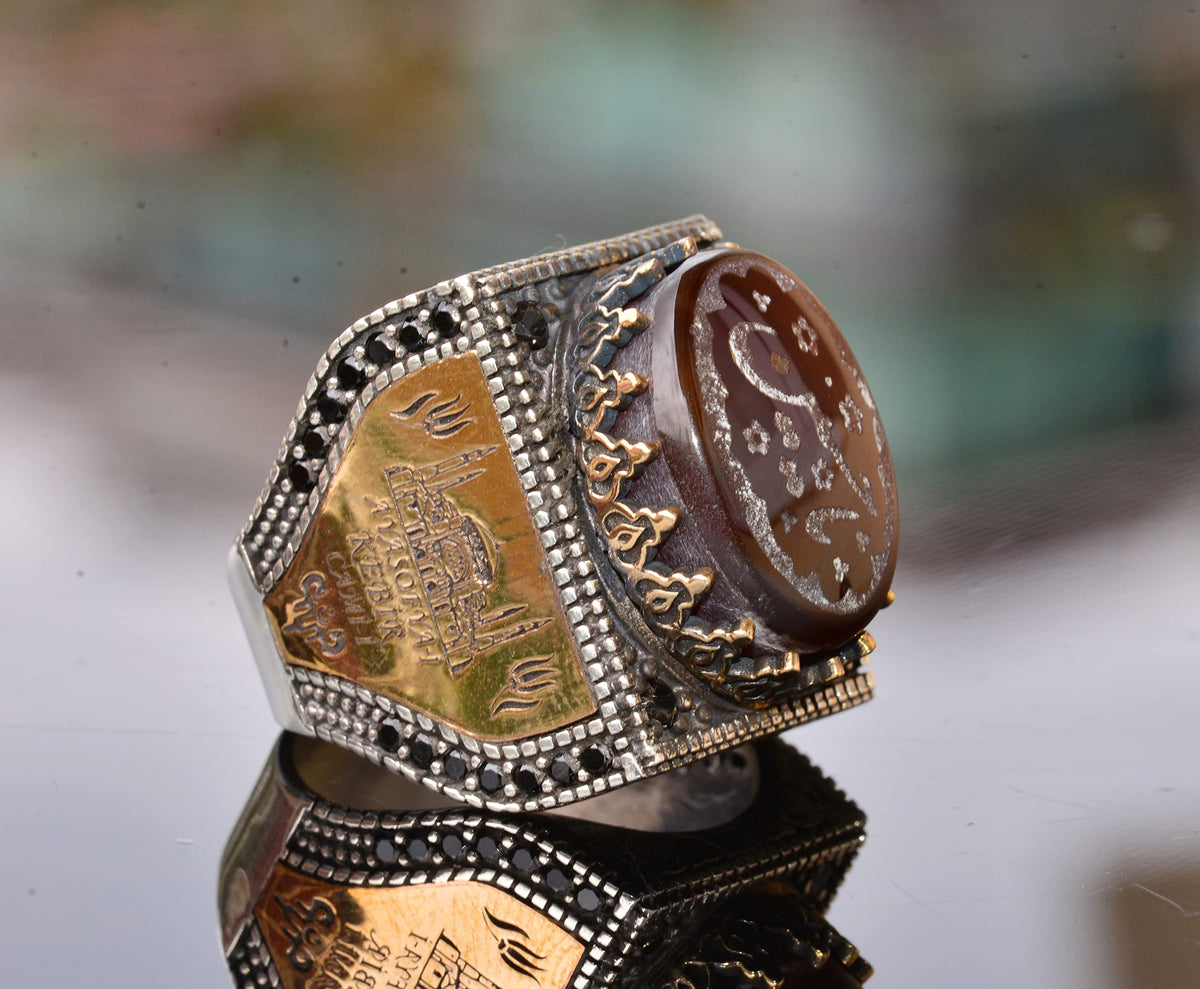 KAMBO Natural Agate Gemstone Ring for Men, Handmade 925 Sterling Silver, Art Deco Islamic Arabic Design, Vintage Stateme