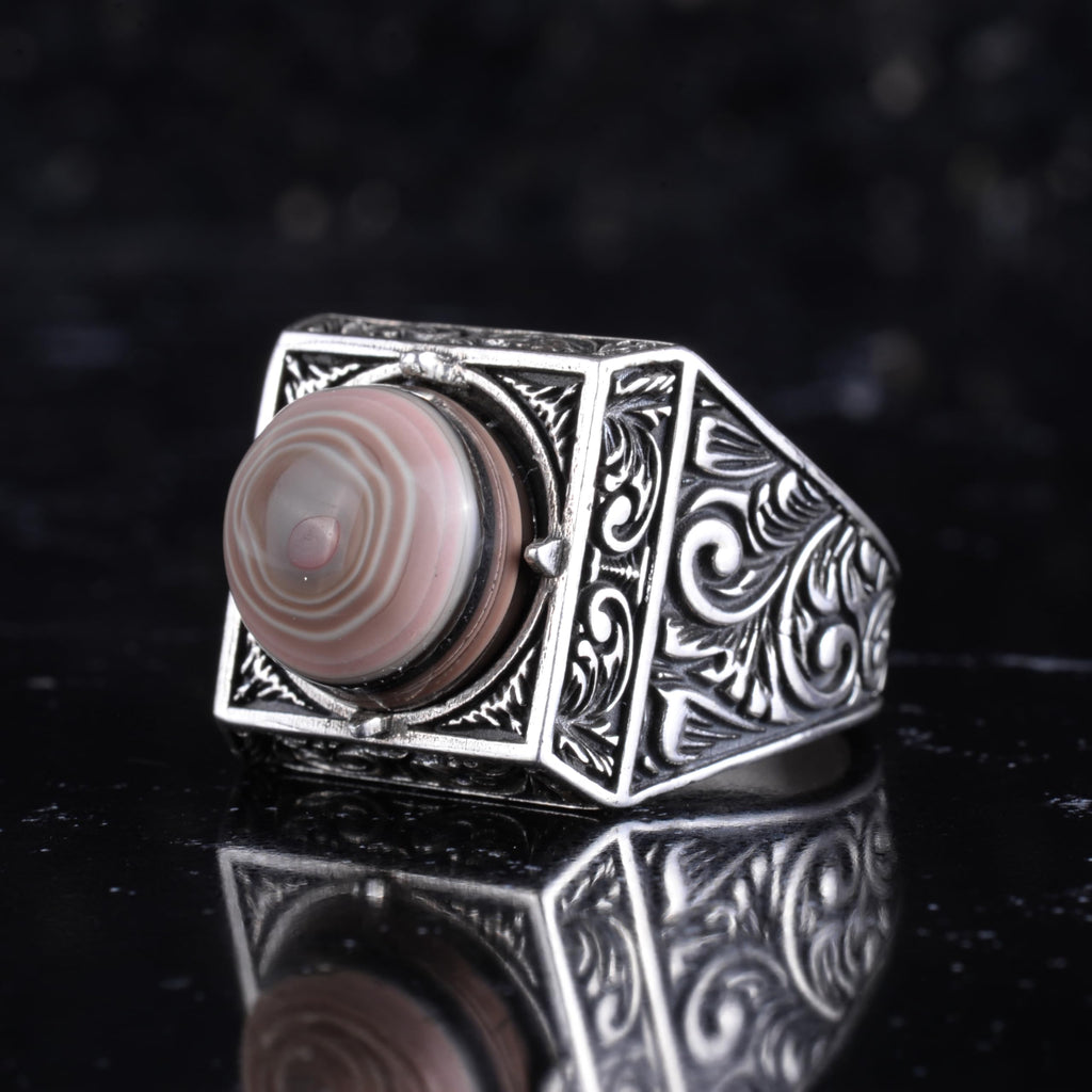 KAMBO Natural Round Stone Square Men's Ring 925 Sterling Silver – Ottoman Pattern Handmade Stone Ring (Yemen Agate) — 5