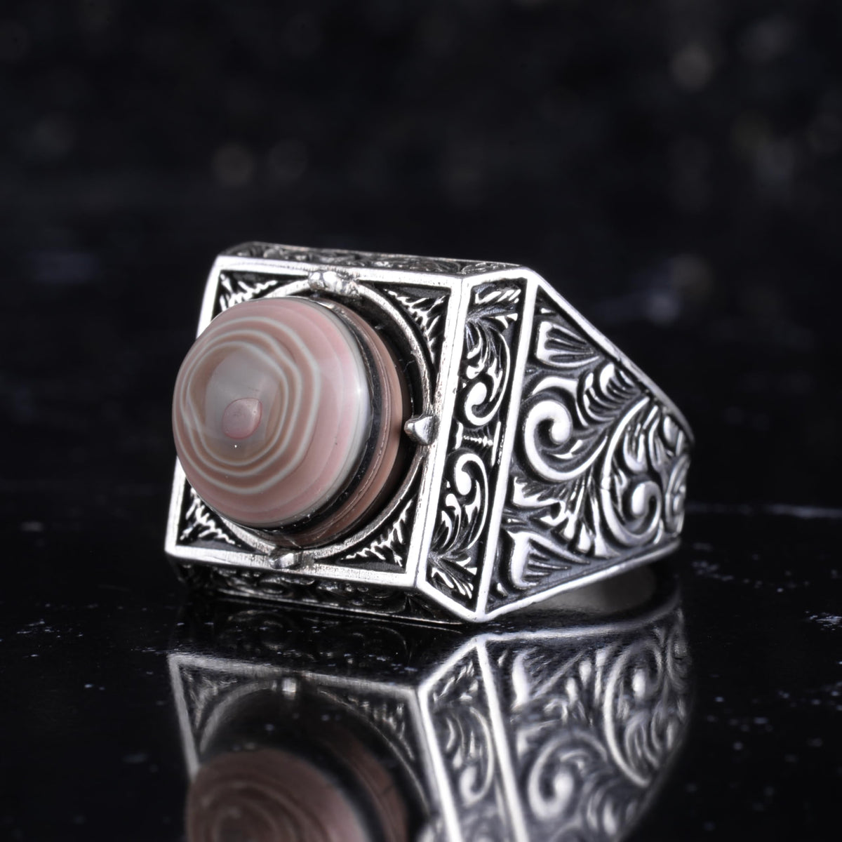 KAMBO Natural Round Stone Square Men's Ring 925 Sterling Silver – Ottoman Pattern Handmade Stone Ring (Yemen Agate) — 5