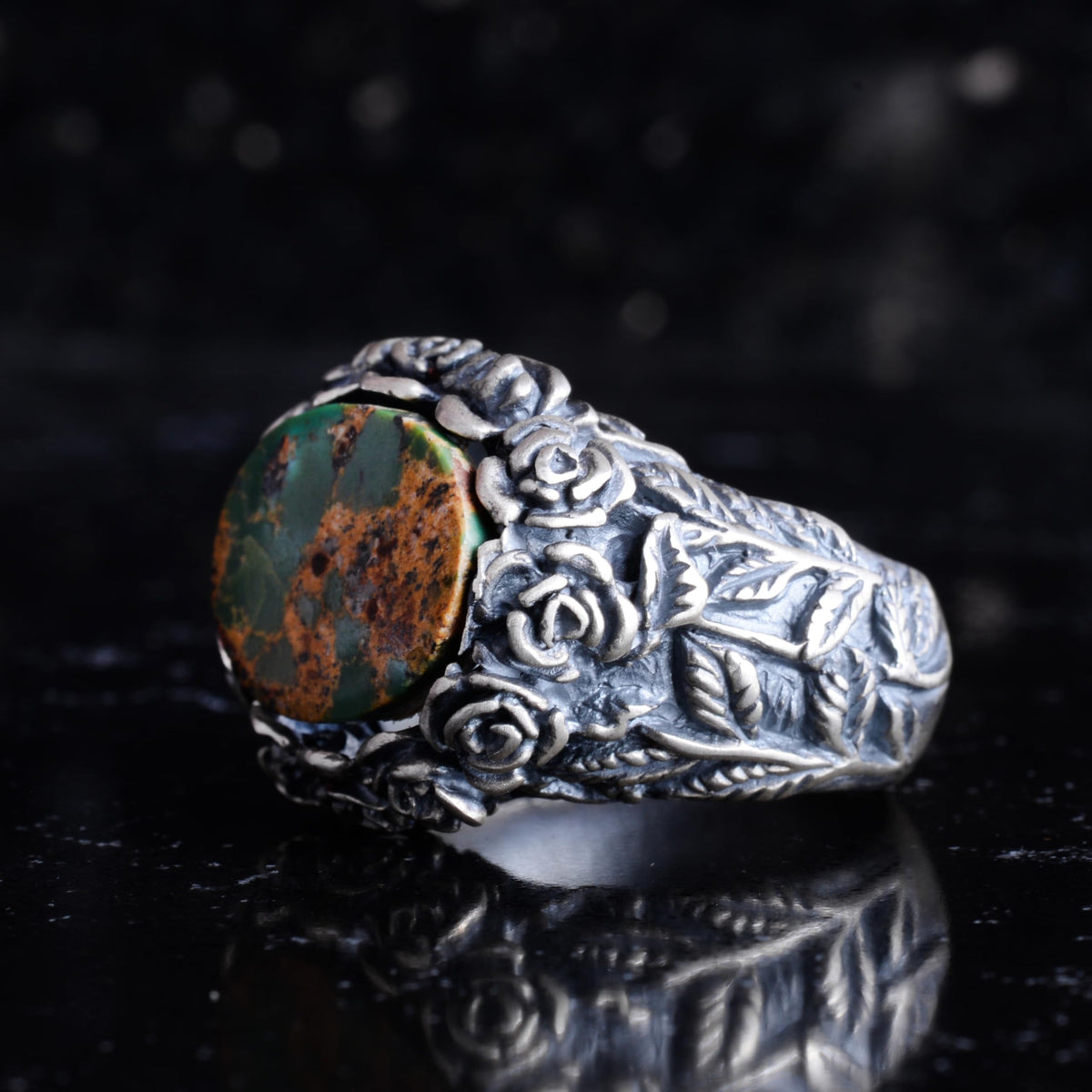 KAMBO 925 Sterling Silver Natural Stone Men's Ring – Handmade Floral Vintage Men's Statement Ring (Turquoise) — 6