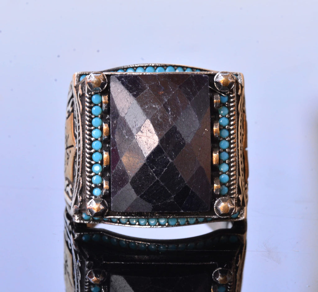 Blue Sapphire Rectangular Stone Ring, 15.45 Carat, Islamic Ring, 925 Sterling Silver Men's Ring — 4