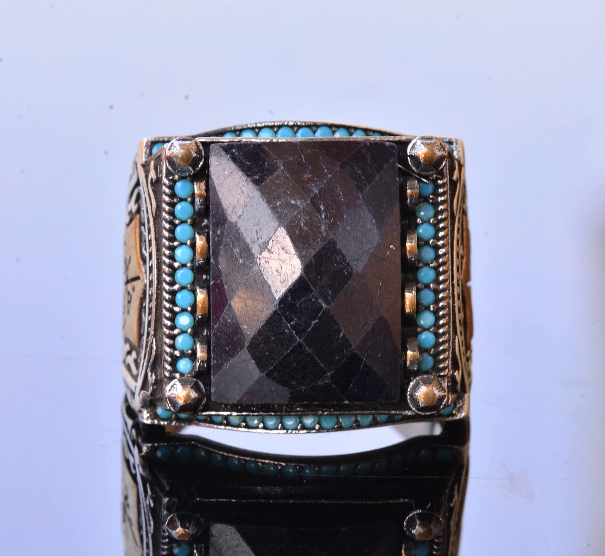 KAMBO Handmade 925 Sterling Silver Men's Blue Sapphire Rectangle Gemstone Ring, Vintage Arabic Islamic Design, Statement
