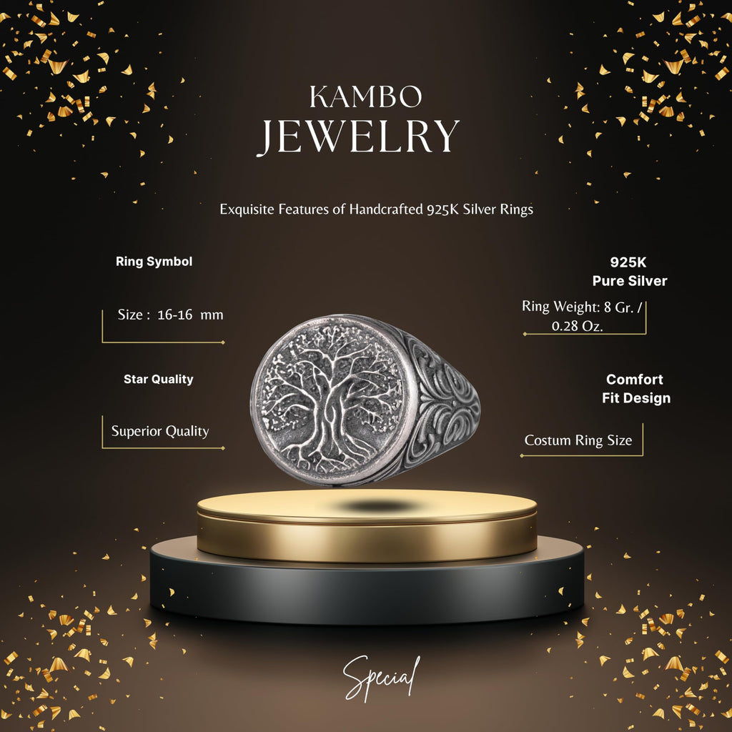 KAMBO 925 Sterling Silver Men's Tree of Life Ring – Symbol of Wisdom and Strength – Handmade Vintage Spiritual Jewelry (Silver) — 2